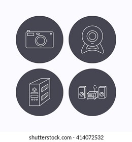 Photo camera, pc case and music center icons. Web camera linear sign. Flat icons in circle buttons on white background. Vector