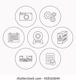Photo camera, pc case and music center icons. Web camera linear sign. Check file, calendar and cogwheel icons. Vector