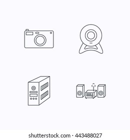 Photo camera, pc case and music center icons. Web camera linear sign. Flat linear icons on white background. Vector