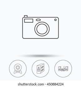 Photo camera, pc case and music center icons. Web camera linear sign. Linear icons in circle buttons. Flat web symbols. Vector