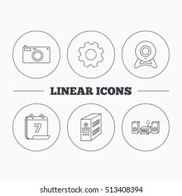 Photo camera, pc case and music center icons. Web camera linear sign. Flat cogwheel and calendar symbols. Linear icons in circle buttons. Vector