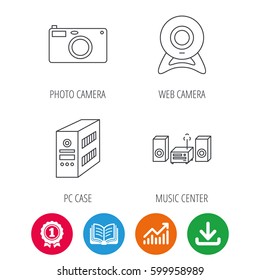 Photo camera, pc case and music center icons. Web camera linear sign. Award medal, growth chart and opened book web icons. Download arrow. Vector