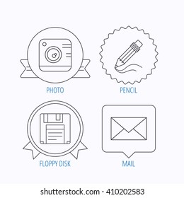 Photo camera, pencil and mail icons. Floppy disk linear sign. Award medal, star label and speech bubble designs. Vector
