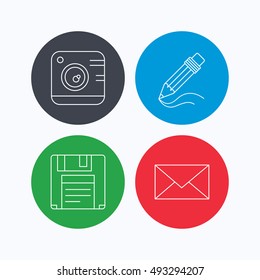 Photo camera, pencil and mail icons.