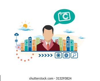 Photo camera and person with bubbles for dialogue. Think and decide. Concept for business.