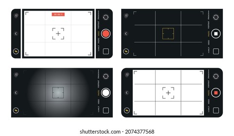 Photo camera in phone screen interface. Photography and video smartphone frame. Screen vector mockup. Vector illustration.