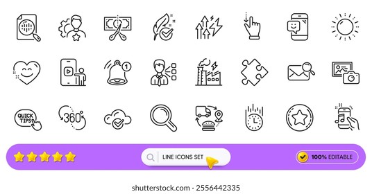 Photo camera, Phone video and Research line icons for web app. Pack of Cut tax, Fast delivery, Reminder pictogram icons. Search mail, 360 degree, Music phone signs. Analytics chart. Search bar. Vector