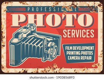 Photo camera photography studio metal plate rusty or vintage poster, vector. Photograph studio salon services, movie film making, photos printing and camera repair sign or metal plate with rust