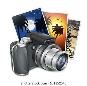 Photo camera and photos. Professional vector illustration