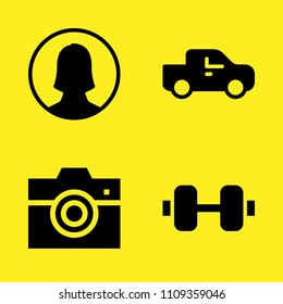 photo camera, pick up truck, user and dumbbell vector icon set. Sample icons set for web and graphic design