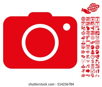 Photo Camera pictograph with bonus calendar and time management icon set. Vector illustration style is flat iconic symbols, red color, white background.