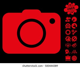 Photo Camera pictograph with bonus options graphic icons. Vector illustration style is flat iconic symbols, red color, black background.