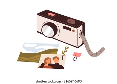 Photo camera, pictures composition. Photographs images and photographic equipment. Creative hobby, photography art concept. Memory shots. Flat vector illustration isolated on white background.