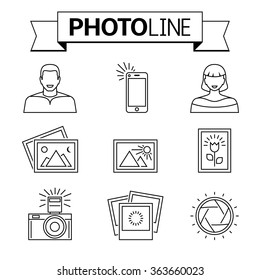 Photo camera and pictures line icons. Nice collection of stylized photos, shutter, portrait of man and woman, mobile selfie. Modern vector pictogram concept.