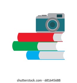 photo camera with pile of books vector icon