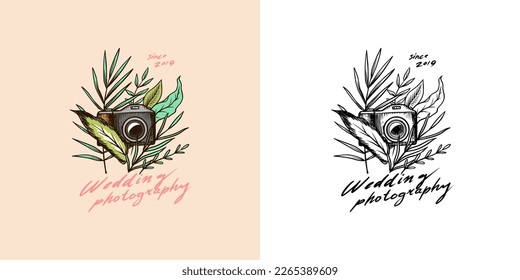 Photo camera and plants or flowers for the holiday. Wedding photographer badge or logo. Template for studio, vintage store. Hand drawn sketch for postcard, banner in simple minimalistic style. 