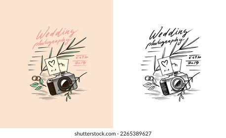 Photo camera and plants or flowers for the holiday. Wedding photographer badge or logo. Template for studio, vintage store. Hand drawn sketch for postcard, banner in simple minimalistic style. 
