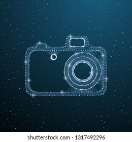 Photo camera polygonal image on dark blue background. Low poly digital photography equipment. Vector wireframe illustration with line and dots