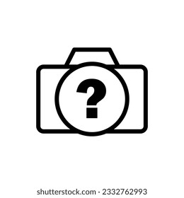 Photo camera with question mark on lens line icon vector. Help, info, support, unknown symbol camera icon. Vector illustration outline pictogram for infographic interface or design graphic.