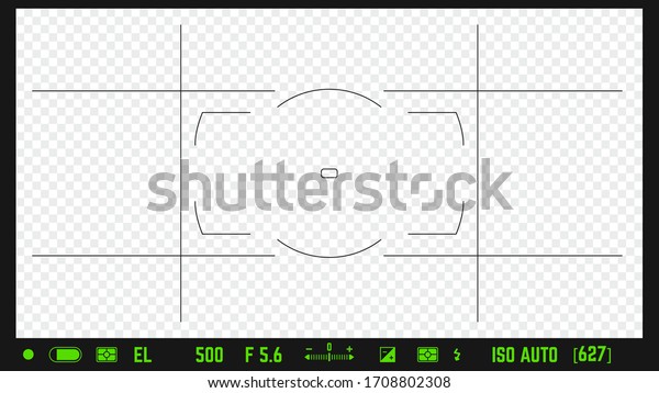 Photo camera realistic viewfinder overlay\
with image settings and autofocus points. 16:9 full hd format of\
frame template. DSLR professional camera frame vector template on\
transparent background.
