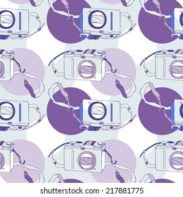 Photo camera. Retro seamless background. Hand drawn pattern.