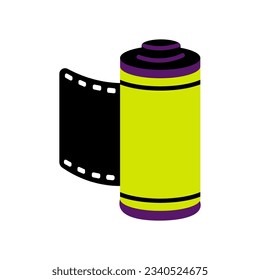 Photo camera roll vector illustration. Vintage black camera roll in yellow cylinder tube