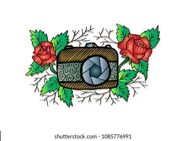 Photo camera with rose flower