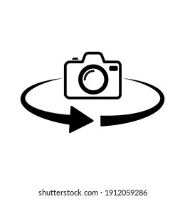 Photo Camera Rotation Icon. 360 Degree Rotation. Black Camera Icon. Vector Illustration.