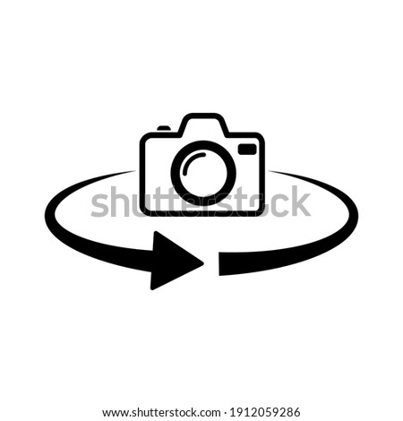 Photo camera rotation icon. 360 degree rotation. Black camera icon. Vector illustration.