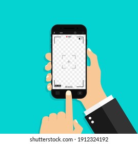 Photo Camera In Screen Phone. Hand Take Smartphone For Selfie. Record Video From Mobile. Icon Of Cellphone With Focus, Flash, Frame, Viewfinder, Grid And Interface Of Cam For Picture, Photo. Vector.