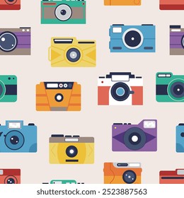 Cámara fotográfica sin patrón. Cámaras retro, equipo para Fotografía. Diseño de impresión de envoltura de tela de estilo hipster, fondo de Vector digital