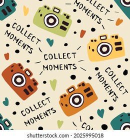 Photo camera seamless pattern with text: collect moments. Colorful vector draw illustration with cameras in catroon style.