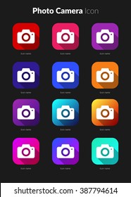 Photo camera set for icon application mobile or button main screen phone. Colorful vector flat style design template with drop shadow on dark grey background.