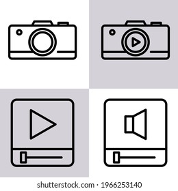 Photo and camera set icon, play button icon, image icon, line icon style, suitable for mobile and web applications