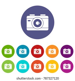 Photo camera set icons in different colors isolated on white background