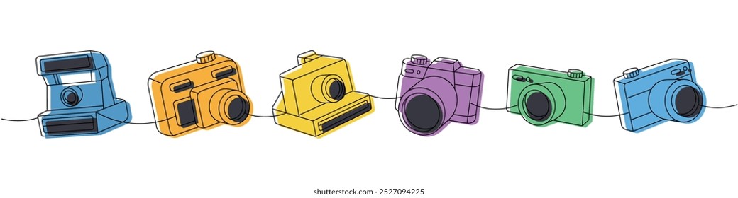 A câmera fotográfica ajustou um desenho contínuo colorido em uma linha. Câmera instantânea e polaroid, câmera de foto de filme com lente. Ilustração linear de vetor.