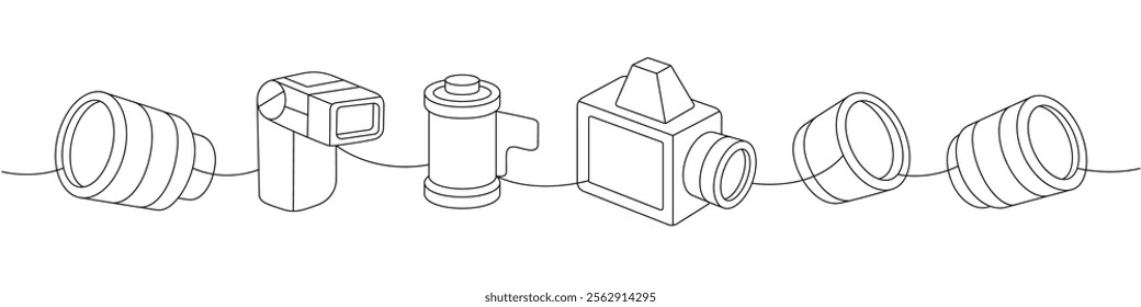 Photo camera set one line continuous drawing. External flash, film roll, vintage camera with bellows, photo lens with shutter. Vector illustration.