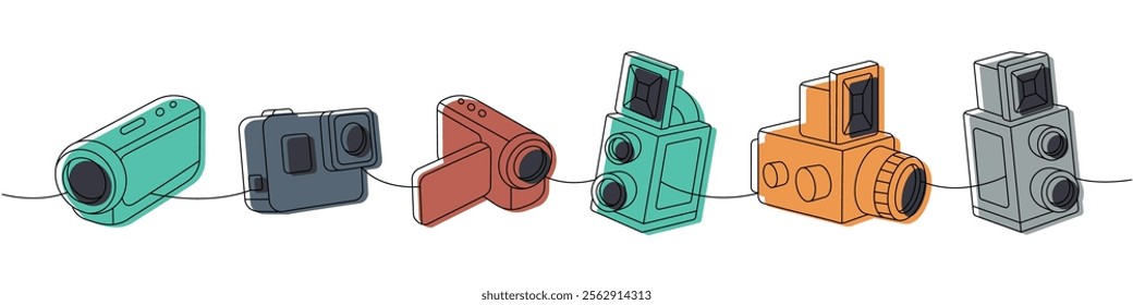 Photo camera set one line colored continuous drawing. Professional video and action camera, old photo camera. Vector linear illustration.