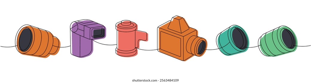 Photo camera set one line colored continuous drawing. External flash, film roll, vintage camera with bellows, photo lens with shutter.