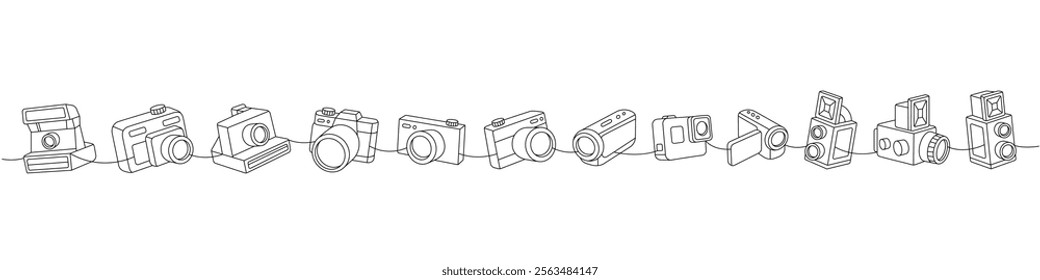 Photo camera set one line continuous drawing. Instant and action camera, photo lens with shutter, professional video camera. Vector illustration.