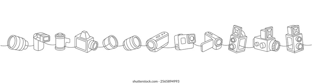 Photo camera set one line continuous drawing. External flash, film roll, vintage camera with bellows, photo lens with shutter, retro photo camera.