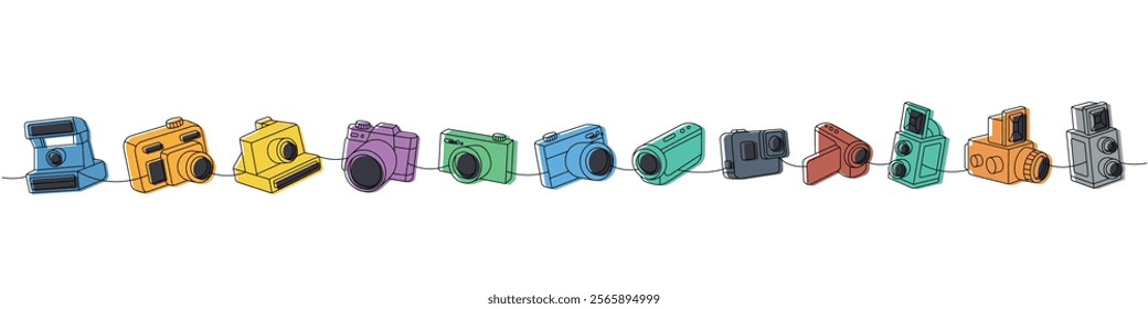 Photo camera set one line colored continuous drawing. Instant and action camera, photo lens with shutter, professional video camera.