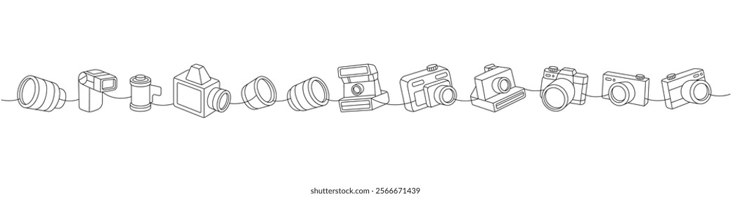 Photo camera set one line continuous drawing. External flash, film roll, vintage camera, photo lens with shutter, instant and film photo camera.