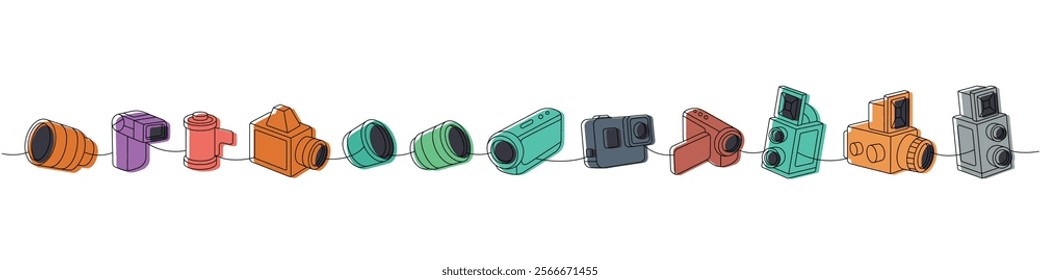 Photo camera set one line colored continuous drawing. External flash, film roll, vintage camera with bellows, photo lens with shutter.