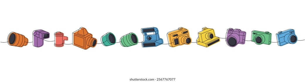 Photo camera set one line colored continuous drawing. External flash, film roll, vintage camera, photo lens with shutter, instant photo camera.