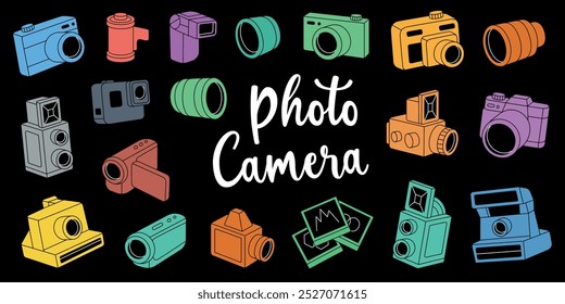 Photo camera set. Professional photography. Lens with shutters, video and action cam, instant camera. Vector illustration.