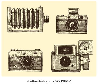 Photo camera set vintage, engraved hand drawn in sketch or wood cut style, old looking retro lens, isolated vector realistic illustration.