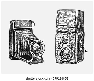 Photo camera set vintage, engraved hand drawn in sketch or wood cut style, old looking retro lens, isolated vector realistic illustration