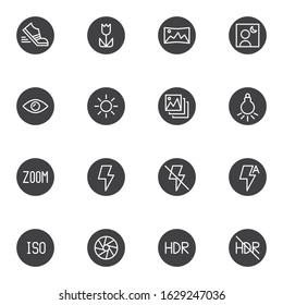 Photo camera settings vector icons set, modern solid symbol collection, filled style pictogram pack. Signs logo illustration. Set includes icons as  portrait mode, manual settings, sports mode program