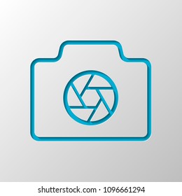Photo camera with shutter, linear symbol with thin outline, simple icon. Paper design. Cutted symbol with shadow